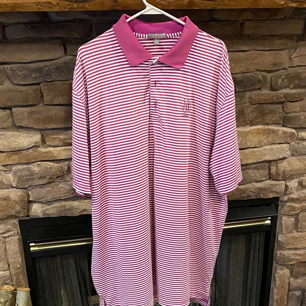 Peter Millar Dark Pink and White Striped Polo Shirt